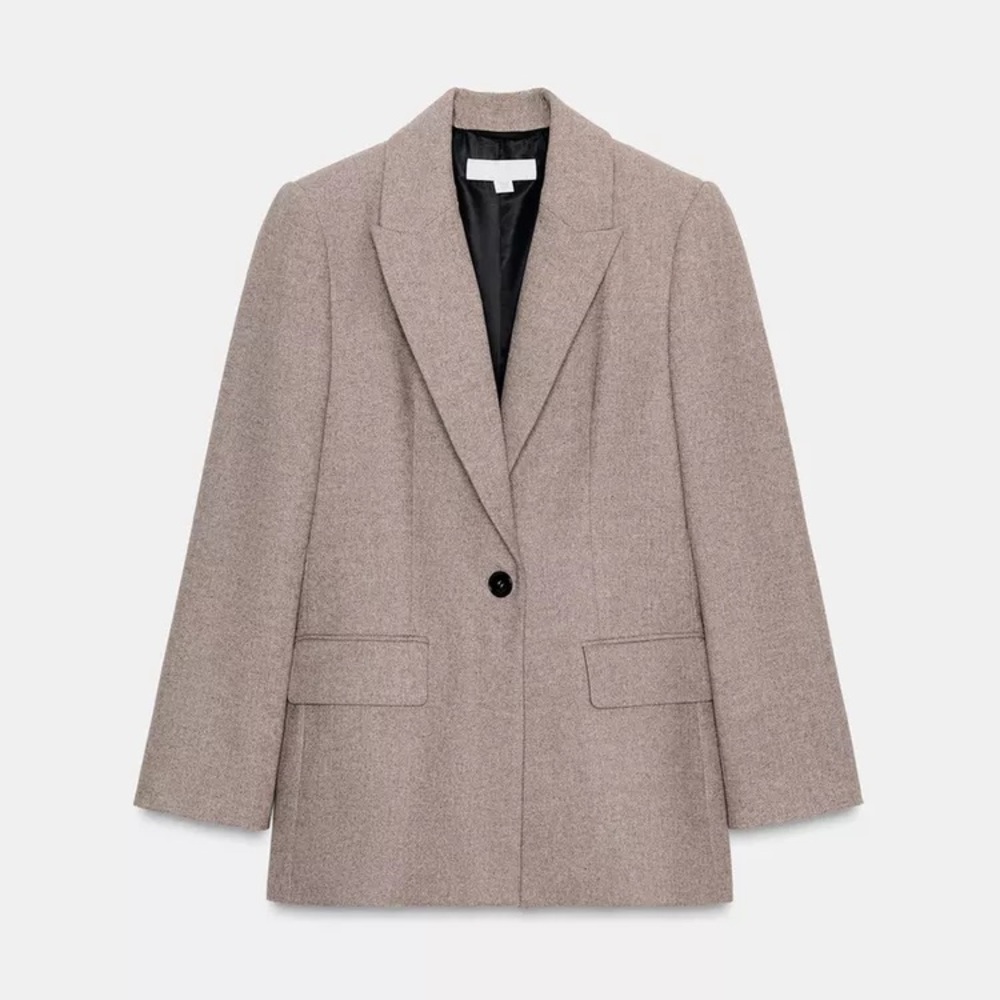 Zara Taupe Tan Single Button Herringbone Tailored Straight Cut Blazer Jacket XS
